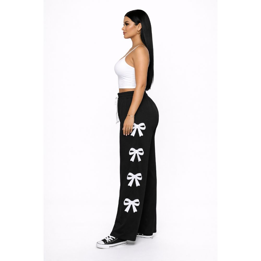 Black Bow WideLeg Pants Stylish Casual Drawstring Trousers